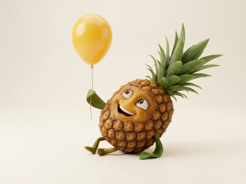 Happy anthropomorphic pineapple sitting on floor holding yellow balloon against neutral background for festive celebration design.