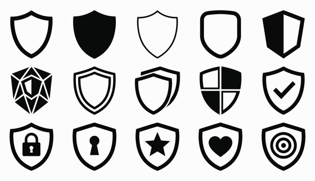A comprehensive vector illastration set featuring various shield icons for security and protection design projects