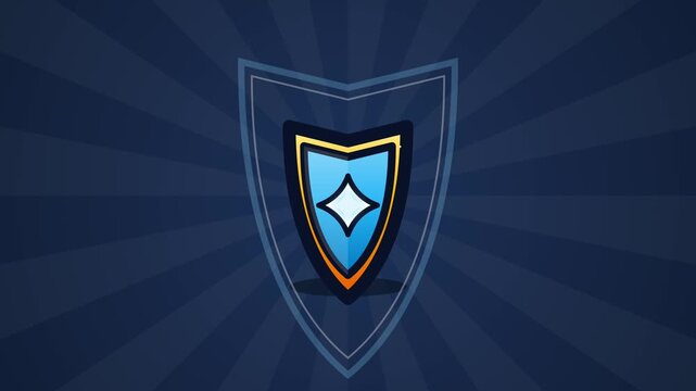 Animated blue shield icon on sunburst background