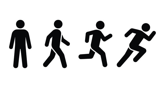 Human movement icon set. Collection of standing, walking, jogging and running stick figure silhouettes. Editable activity vector illustration.