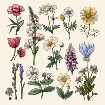Botanical Beauty - Intricate Hand Drawn Illustration of Various Flowers in Detail