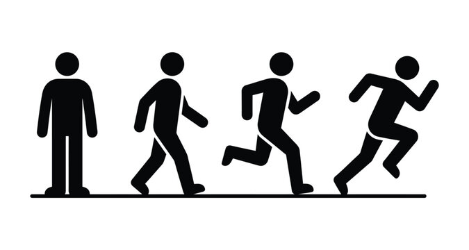 Man stands, walk and run icon set. People symbol. Person standing, walking and running illustration. Run, walk, stand. Vector illustration