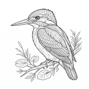 Kingfisher line art illustration perched on branch for coloring page