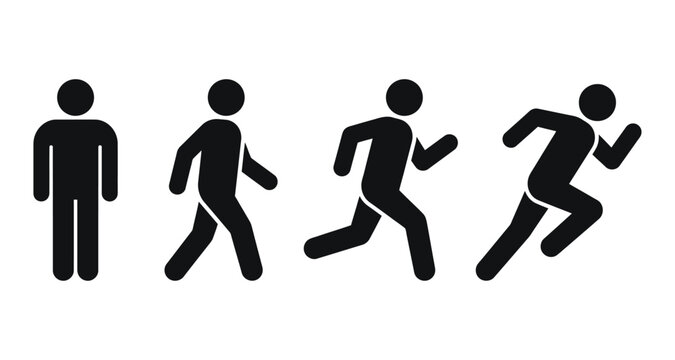 Man stands, walk and run icon set. People symbol. Person standing, walking and running illustration. Run, walk, stand. Vector illustration
