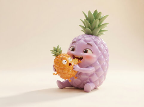 Purple pineapple character eating small orange fruit for expressive food marketing and fun digital character design projects.