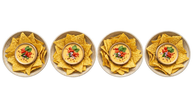 Four bowls of crispy tortilla chips served with creamy cheese dip, garnished with fresh tomatoes, red onions, and cilantro, isolated on transparent background