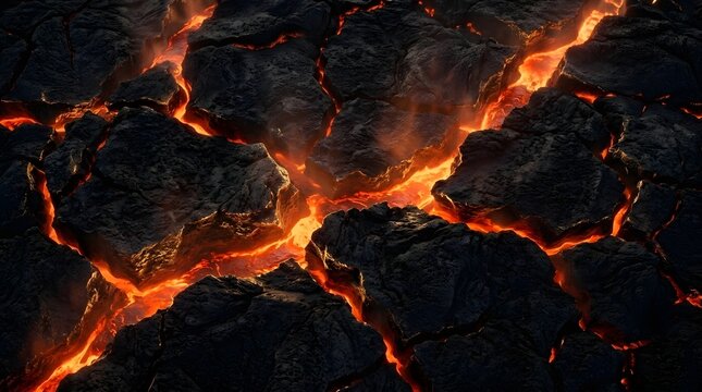 Glowing lava flow in dark volcanic landscape