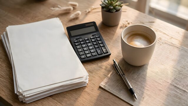 Calculator with blank paper stack and coffee cup on a wooden office desk