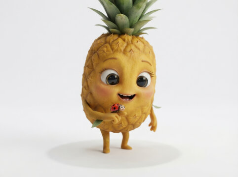 Small pineapple cartoon character holding tiny ladybug on leaf for cute nature discovery concept against plain white background.