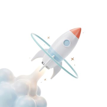 3D space rocket launching with smoke cloud and glowing trail on white background