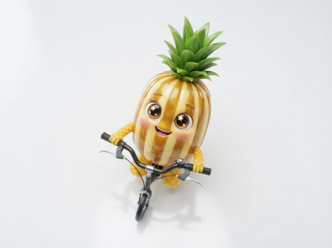 Striped pineapple mascot character riding bicycle isolated on white background for active lifestyle projects and healthy eating.