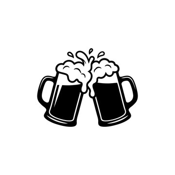 Two foaming beer mugs clinking in celebration black silhouette icon for brewery branding bar menus pub events festival promotions and toast concepts design.