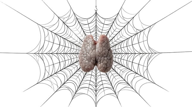 Human thymus gland organ specimen centered on a spooky Halloween spider web background.