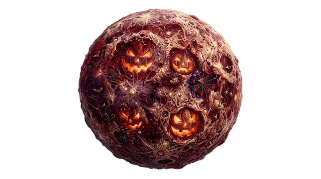 Creepy Halloween moon made of raw organic tissue with glowing carved jack-o-lantern faces.