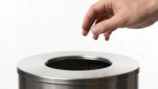 Hand throwing something into a metal garbage bin concept of waste disposal and recycling