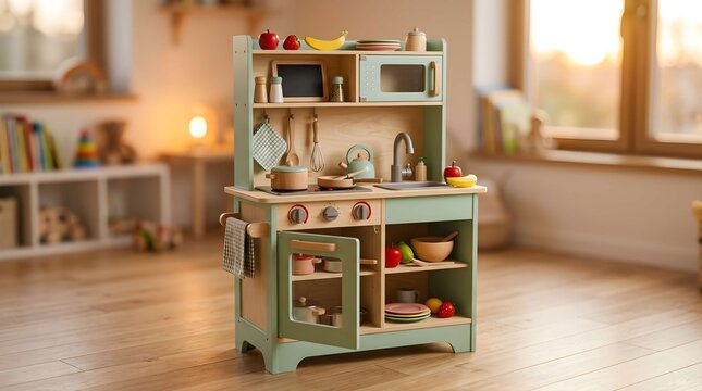 Wooden toy kitchen set with play food and accessories in a bright room