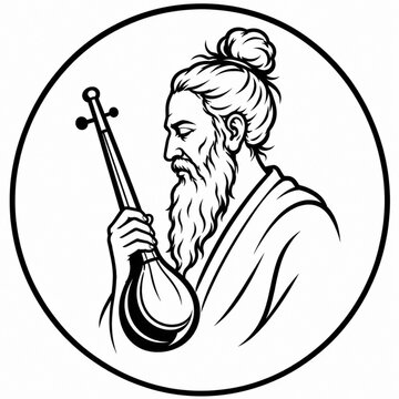 Lalon Shah Style Mystic Baul Saint with Ektara Musical Instrument Line Art Badge Logo