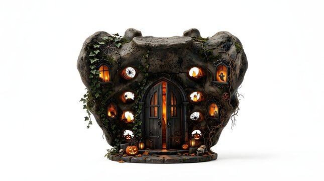 Haunted sacrum bone sculpture with glowing windows and arched door for Halloween decor.