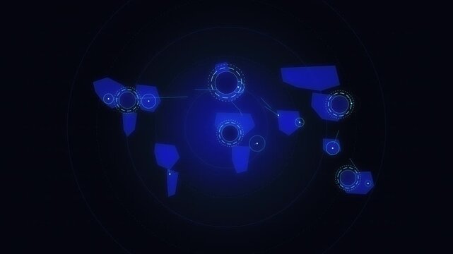 Animated blue question marks and quiz symbols on a digital world map, seamless technology loop