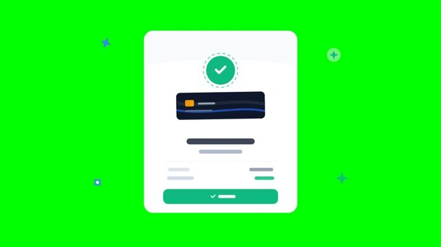 Animated payment successful interface on green screen, digital credit card transaction confirmation, secure online banking app UI