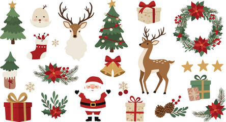 Fototapeta premium Set of hand drawn watercolor christmas elements including santa claus reindeer pine trees gifts wreath and festive holiday decorations isolated