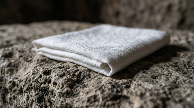 The face cloth (sudarium) of Jesus folded up neatly by itself inside the empty stone tomb