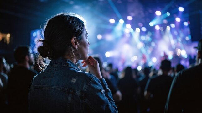 Young woman in denim jacket watching a live performance at a music concert with vibrant stage lighting. Audience member enjoying night entertainment during summer festival event in crowded venue.