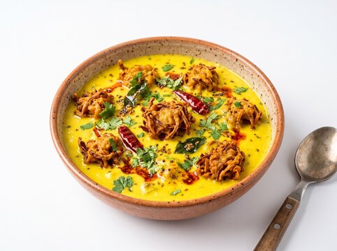 Traditional Indian dish kadhi pakora served in a ceramic bowl with a spoon