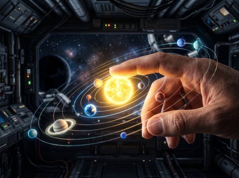 Human hand touching a holographic solar system model inside a futuristic spaceship cabin