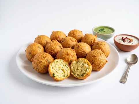 Crispy fried potato bonda snacks served on a plate with chutney fried snack