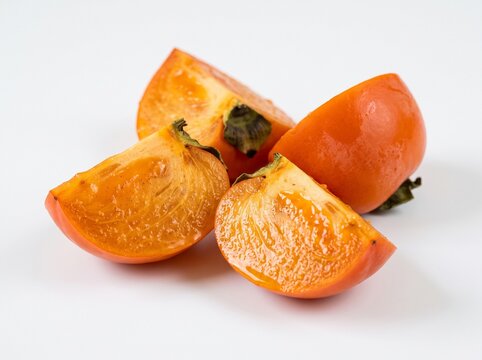 Fresh orange persimmon fruit cut into juicy wedges showing ripe pulp texture