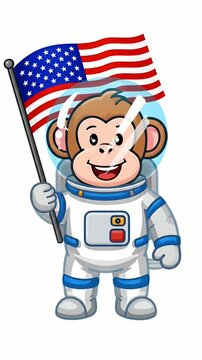 Cute monkey astronaut holding american flag, cartoon style, space exploration, celebrating freedom, playful character