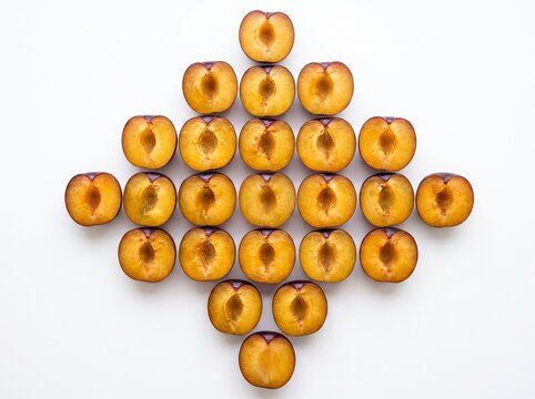 Halved plums arranged in a symmetrical geometric pattern from above half