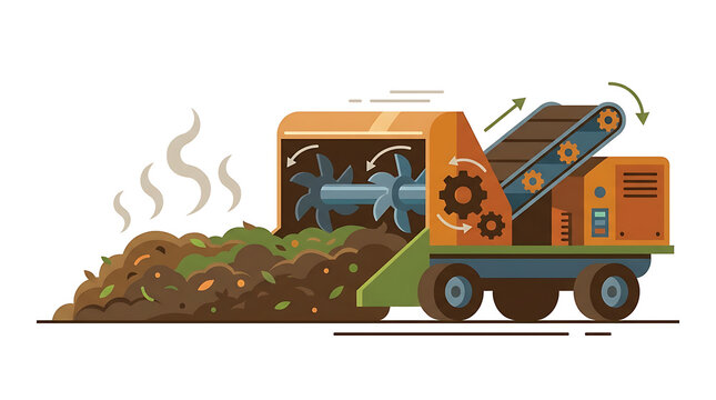 Industrial compost turner machine processing organic waste in a pile