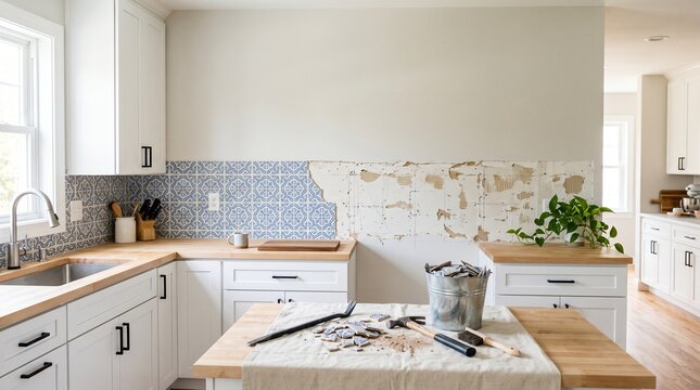 Kitchen Backsplash Remodeling Project in Progress with Demolition Tools and Partially Removed Tiles