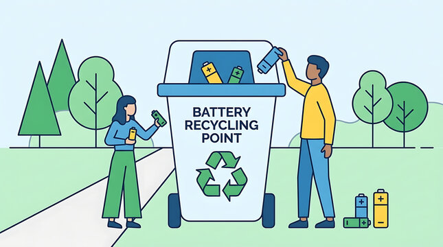 People recycling batteries at an outdoor collection bin
