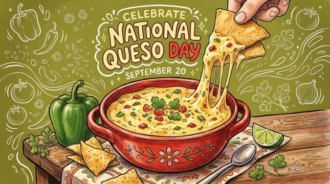 National queso day celebration illustration with a bowl of melted cheese dip and tortilla chips