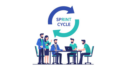 Fototapeta premium Agile Project Management Sprint Cycle Illustration with Business Team Collaborating in a Meeting