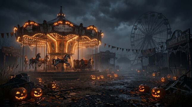 Spooky abandoned carnival at night with glowing carousel. Haunted amusement park with Halloween pumpkins. Eerie fairground under stormy sky.