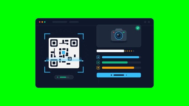 Digital QR code scanning interface on green screen. Modern UI dashboard with QR code reader and data bars. Secure mobile payment and verification concept.