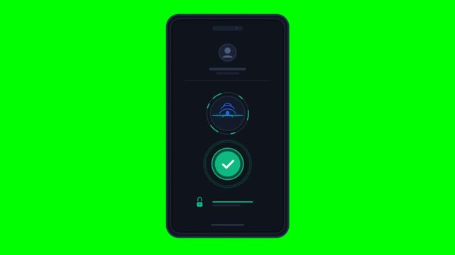 Biometric fingerprint scanning animation on smartphone, digital security mobile app interface, green screen chroma key background