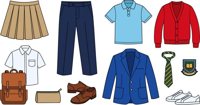 School Uniform and Back to School Dress Code Vector Elements with Pleated Skirt, Blazer, Polo Shirt, Cardigan, Backpack, and Accessories for Educational Designs