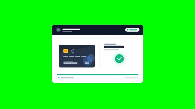 Digital payment interface animation, secure credit card transaction on green screen, online banking checkout process with checkmark
