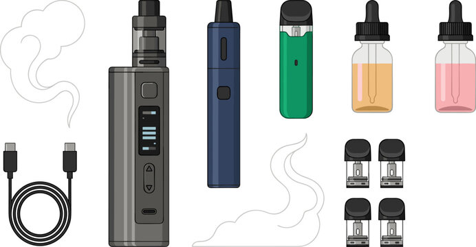 Electronic Cigarette and Vape Kit Vector Set with Box Mod, Pod Systems, E-Liquid Bottles, Replacement Cartridges, Smoke Clouds, and Charging Cable