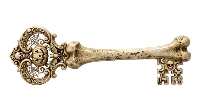 Decorative skeleton bone key with skull and pumpkin motifs for Halloween design projects.