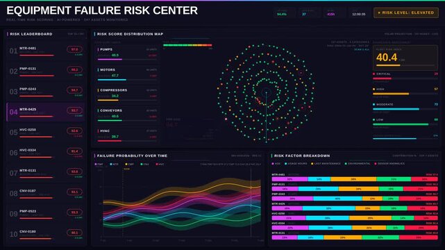 Explore a high-stakes equipment failure risk dashboard featuring a dramatic visual interface with real-time risk scoring and AI-powered monitoring for 247 assets.