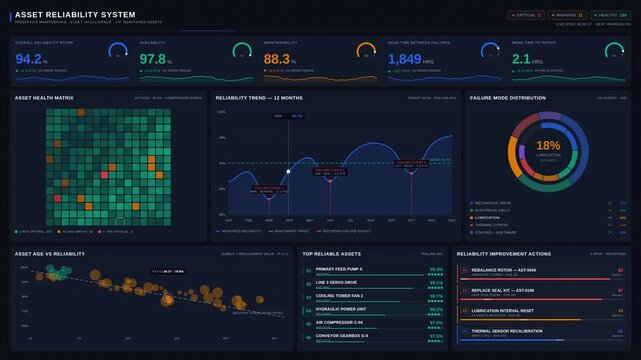 A detailed asset reliability dashboard showcasing engineering precision with KPIs, trend charts, and a structured layout in a modern color palette. professional stock footage for technology,.