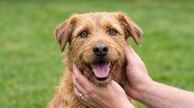 Happy ginger scruffy mixed breed dog enjoying gentle chin scratches from an affectionate person captured in a clear close up shot with natural soft lighting