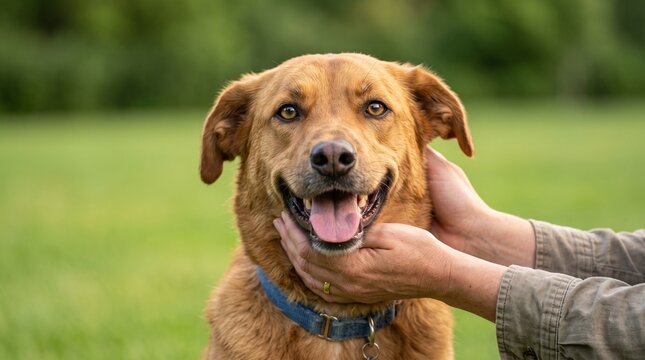 Golden retriever mix dog showing a happy expression with mouth open while being gently held by human hands during a bright sunny afternoon outdoor session