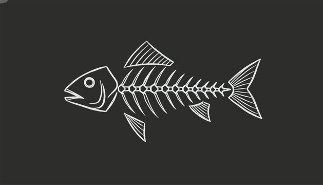 Chalkboard illustration of a detailed fish skeleton drawn with white chalk lines on a dark textured blackboard background.